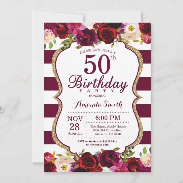 Burgundy Floral 50th Birthday Party Invitation (Front)