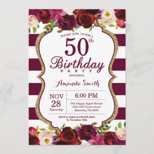 Burgundy Floral 50th Birthday Party Invitation