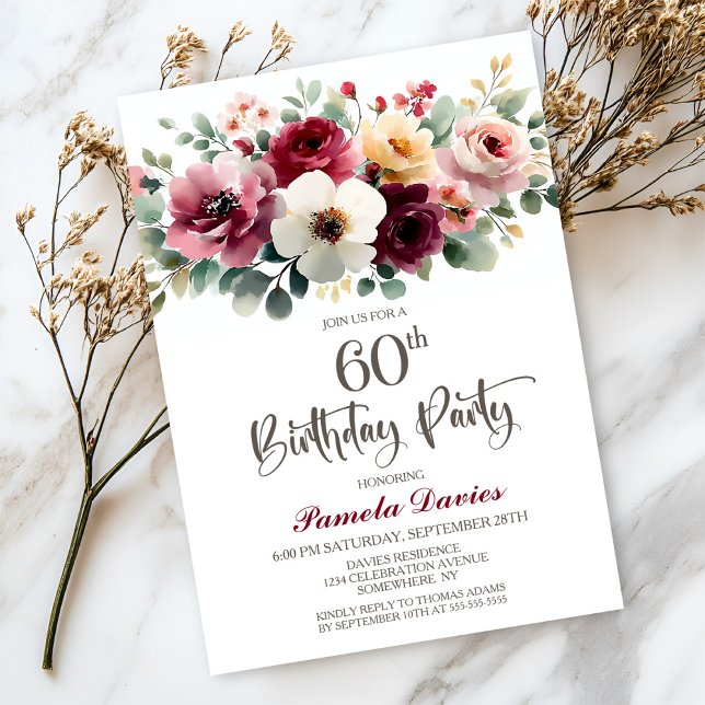 Burgundy Floral 60th Birthday Party Invitation (Creator Uploaded)