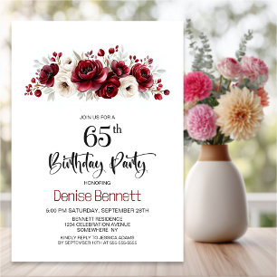 Burgundy Floral 65th Birthday Party Invitation