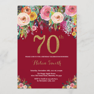 Burgundy Floral 70th Birthday Invitation Gold