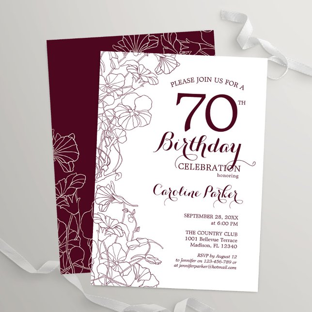 Burgundy Floral 70th Birthday Party Invitation (Creator Uploaded)