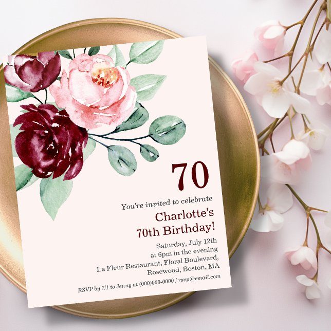 Burgundy Floral 70th Budget Birthday Invitation (Creator Uploaded)