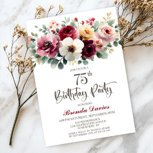 Burgundy Floral 75th Birthday Party Invitation