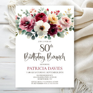 Burgundy Floral 80th Birthday Brunch Invitation