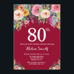 Burgundy Floral 80th Birthday Invitation<br><div class="desc">Burgundy Floral 80th Birthday Invitation for Women. Watercolor Floral Flower. Burgundy Background. Pink, Yellow, Orange, Purple Flower. Adult Birthday. 13th 15th 16th 18th 20th 21st 30th 40th 50th 60th 70th 80th 90th 100th, Any Ages. For further customisation, please click the "Customise it" button and use our design tool to modify...</div>
