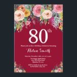 Burgundy Floral 80th Birthday Invitation<br><div class="desc">Burgundy Floral 80th Birthday Invitation for Women. Watercolor Floral Flower. Burgundy Background. Pink, Yellow, Orange, Purple Flower. Adult Birthday. 13th 15th 16th 18th 20th 21st 30th 40th 50th 60th 70th 80th 90th 100th, Any Ages. For further customisation, please click the "Customise it" button and use our design tool to modify...</div>