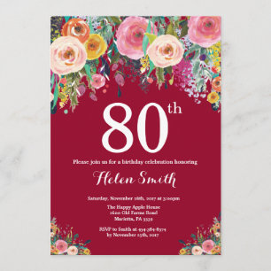 Burgundy Floral 80th Birthday Invitation