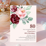 Burgundy Floral 80th Birthday Invitation<br><div class="desc">Customisable 80th birthday invitation featuring pretty watercolour flowers and greenery,  in tones of burgundy,  blush pinks and sage greens.</div>