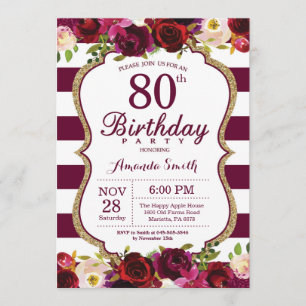 Burgundy Floral 80th Birthday Party Invitation