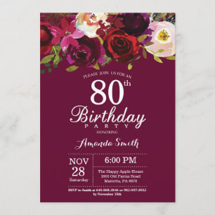 Burgundy Floral 80th Birthday Party Invitation