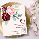 Burgundy Floral 80th Budget Birthday Invitation<br><div class="desc">Celebrate your special day in style with our stunning burgundy floral budget paper birthday invitation! This customisable invitation features a gorgeous floral design in rich shades of burgundy and pink, making it the perfect choice for your birthday celebration. With plenty of space for all the important party details, including the...</div>