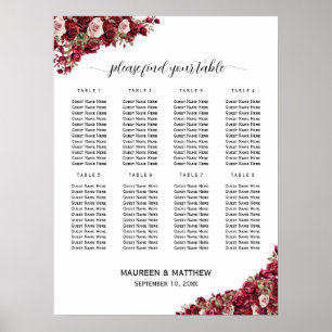 Burgundy Floral 8 Tables Wedding Seating Poster