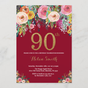 Burgundy Floral 90th Birthday Invitation Gold
