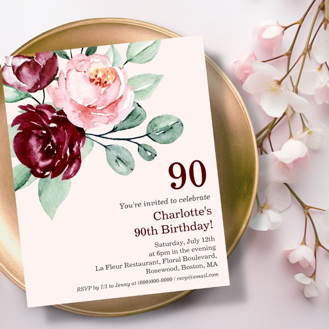 Burgundy Floral 90th Budget Birthday Invitation (Creator Uploaded)