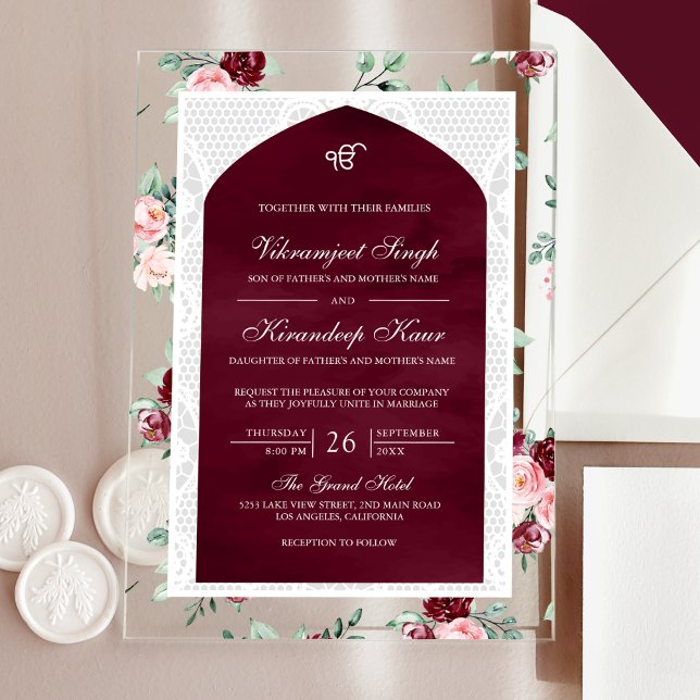 Burgundy Floral Anand Karaj Punjabi Sikh Wedding Acrylic Invitations (Creator Uploaded)