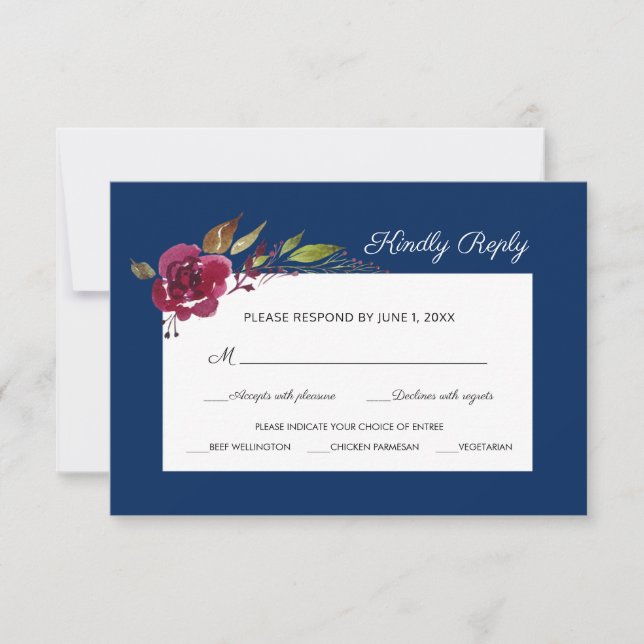 Burgundy Floral and Blue Wedding Meal Choice RSVP (Front)