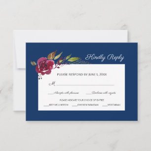Burgundy Floral and Blue Wedding Meal Choice RSVP Card