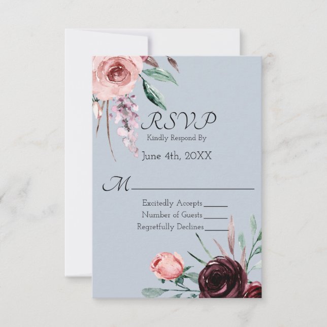 Burgundy Floral and Dusty Blue Wedding RSVP (Front)