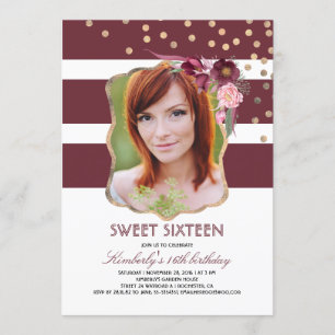 Burgundy Floral and Gold Photo Birthday Sweet 16 Invitation