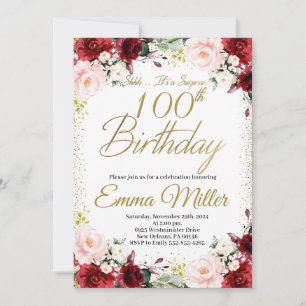 Burgundy Floral and Gold Surprise 100th Birthday Invitation