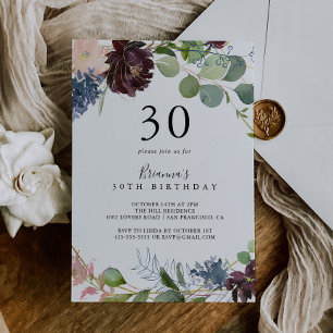 Burgundy Floral and Greenery 30th Birthday Party Invitation