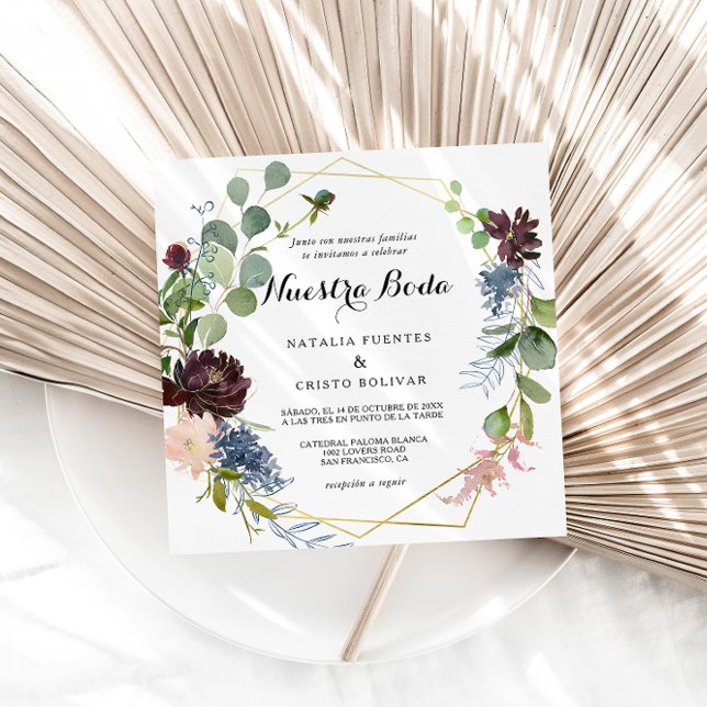 Burgundy Floral and Greenery Spanish Wedding Invitation (Creator Uploaded)