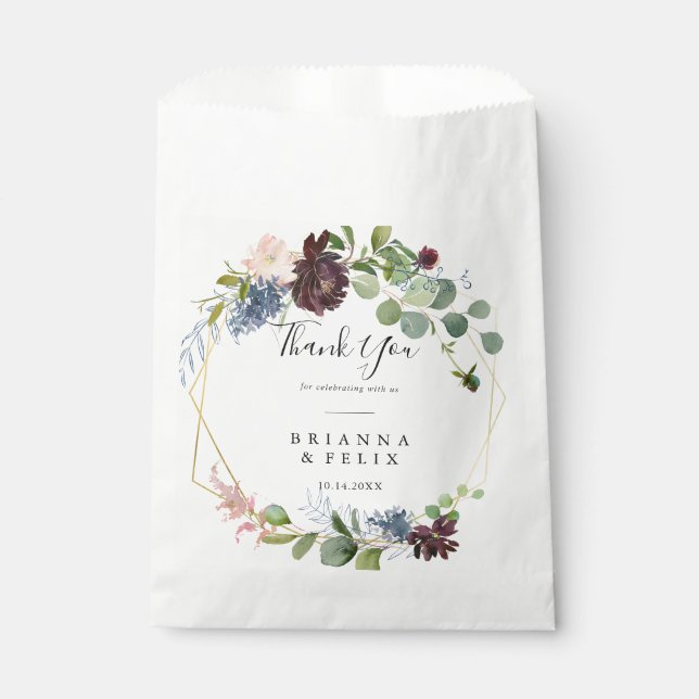 Burgundy Floral and Greenery Thank You Wedding Favour Bag (Front)