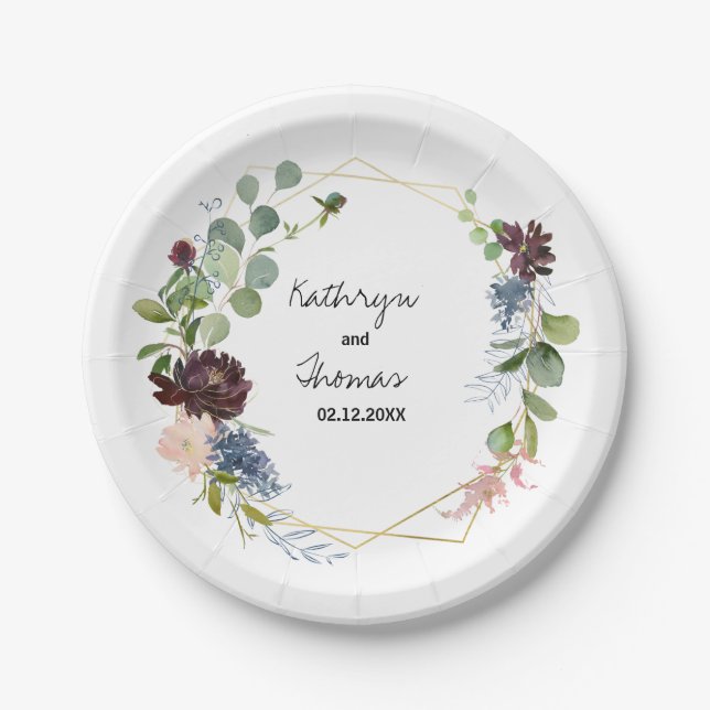 Burgundy Floral and Greenery Wedding Paper Plate (Front)