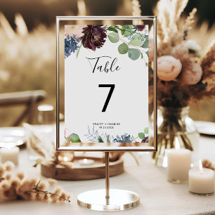 Burgundy Floral and Greenery Wedding Table Number