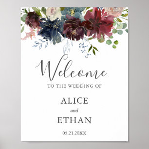 Burgundy Floral and Greenery Wedding Welcome Sign