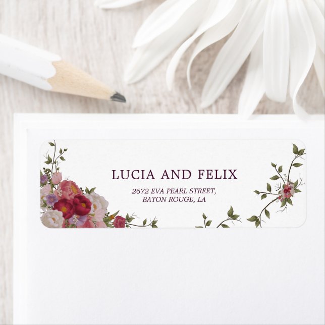 Burgundy Floral And Leaves Wedding Return Address  Label (Insitu)