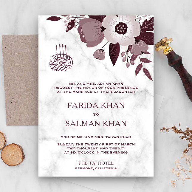 Burgundy Floral and White Marble Islamic Wedding Invitation (Creator Uploaded)