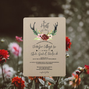 Burgundy Floral Antler Boho Hunt is Over Wedding Invitation