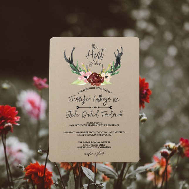 Burgundy Floral Antler Boho Hunt is Over Wedding Invitation (Creator Uploaded)