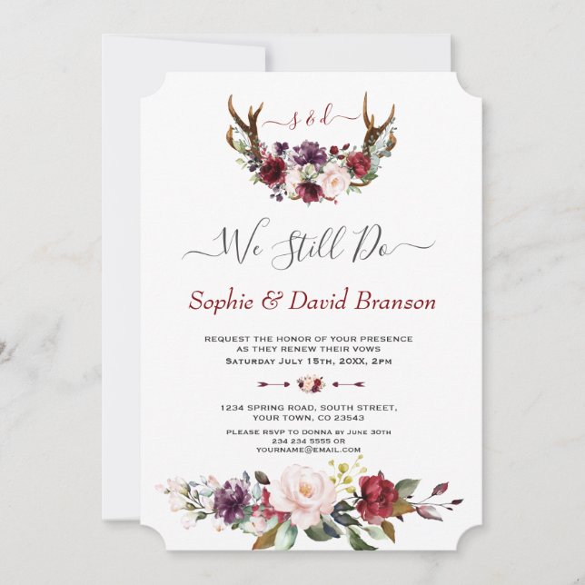 Burgundy Floral Antlers Calligraphy WE STILL DO Invitation (Front)