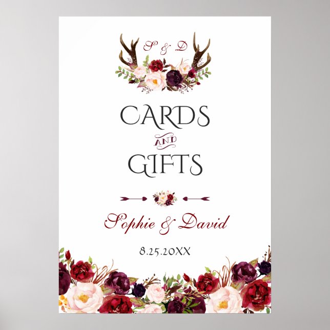 Burgundy Floral Antlers Cards & Gifts Wedding Poster (Front)