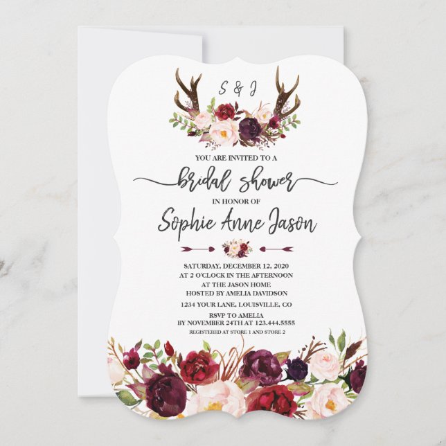 Burgundy Floral Antlers Handwriting Bridal Shower Invitation (Front)