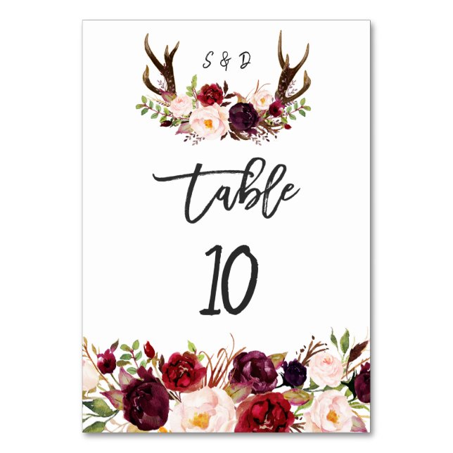 Burgundy Floral Antlers Handwriting Table Number (Front)