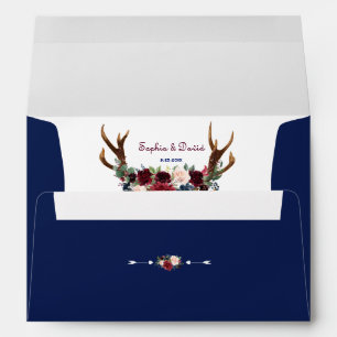 Burgundy Floral Antlers Royal Navy Blue Wedding Envelope