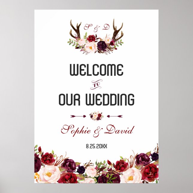 Burgundy Floral Antlers Welcome Wedding Sign (Front)