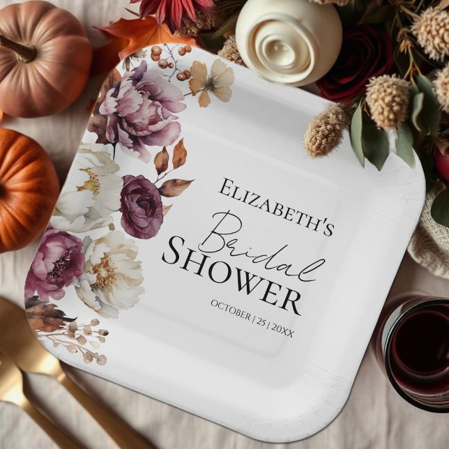 Burgundy Floral Arch Fall Bridal Shower Paper Plate (Creator Uploaded)