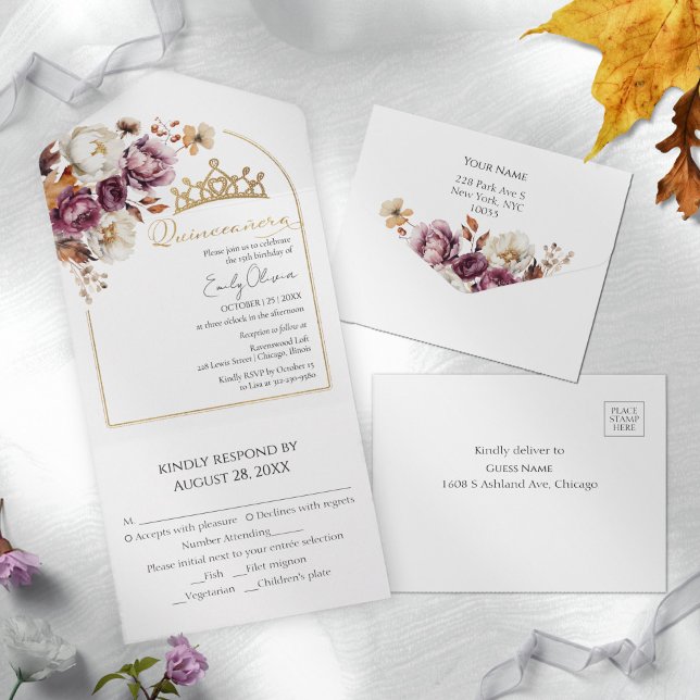 Burgundy Floral Arch Fall Quinceanera All In One Invitation (Creator Uploaded)