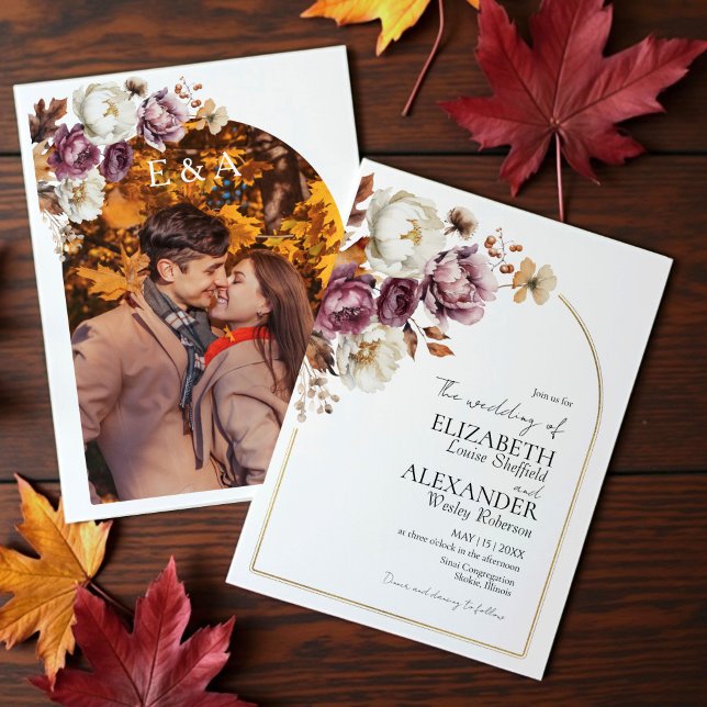 Burgundy Floral Arch Gold  | Autumn Photo Wedding Invitation (Creator Uploaded)