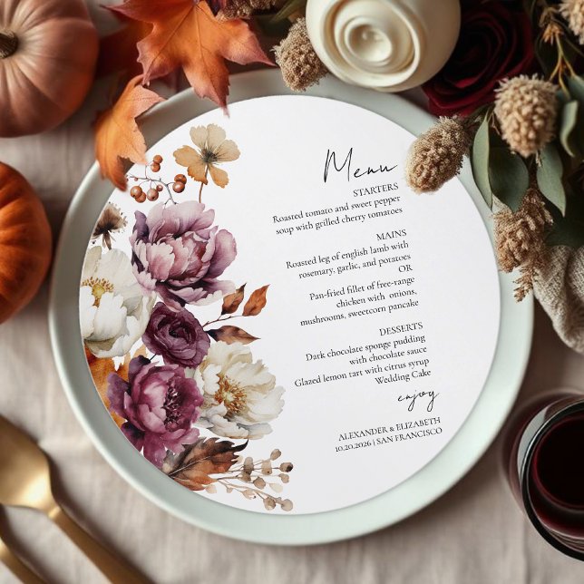 Burgundy Floral Autumn Fall Wedding Menu Card (Creator Uploaded)