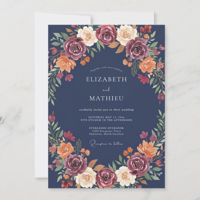 Burgundy Floral Autumn Flourish Wedding Invitation (Front)