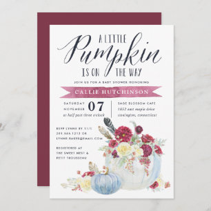 Burgundy Floral & Autumn Pumpkin Baby Shower Invitation
