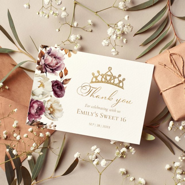 Burgundy Floral Autumn Sweet 16 Thank You Cards (Creator Uploaded)