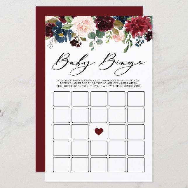 Burgundy Floral Baby Bingo Baby Shower Game (Front/Back)