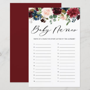 Burgundy Floral Baby Names Alphabet Shower Game
